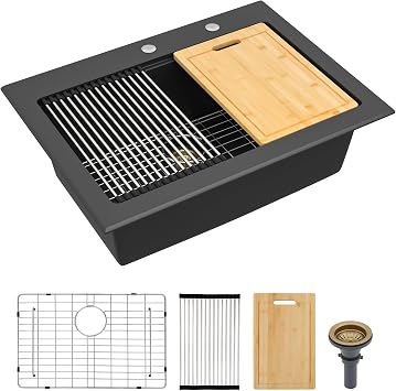 30"x22" Granite Composite Kitchen Sink Matte Black Ledge Workstation Drop-In Topmount Granite Quartz Classic Single Bowl Sink Basin