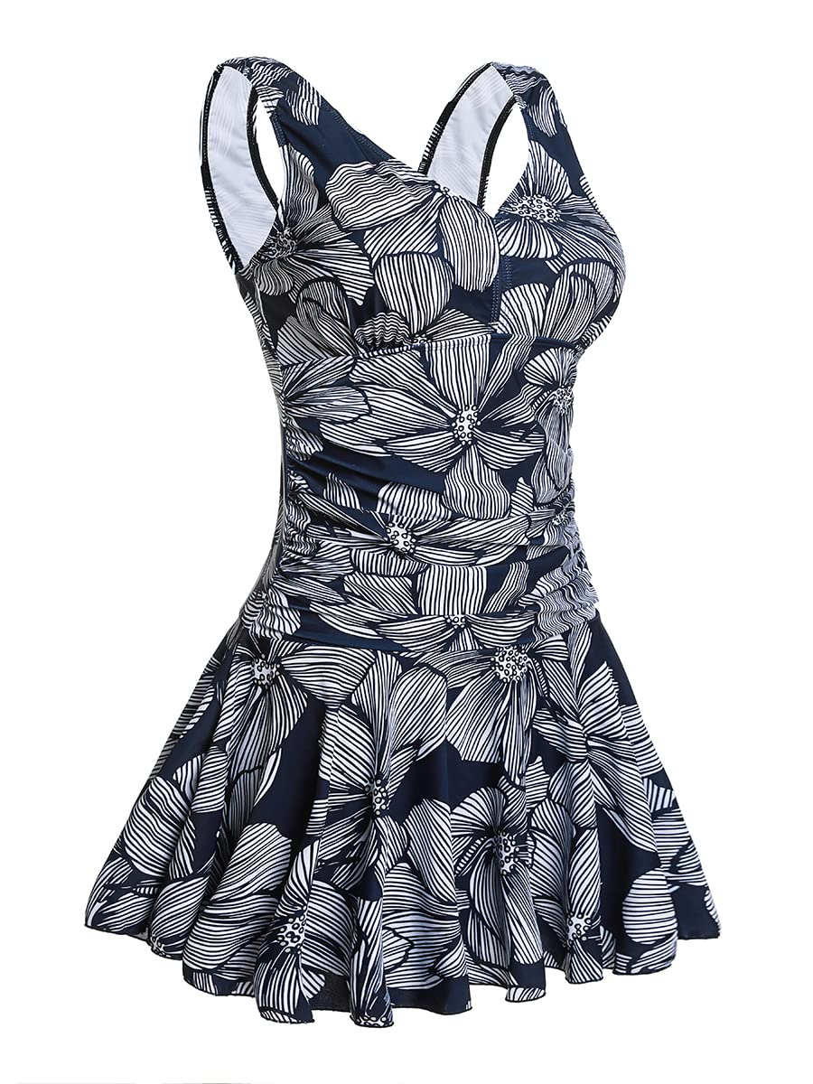 Women's Plus-Size Flower Printing Shaping Body One Piece Swim Dresses Swimsuit