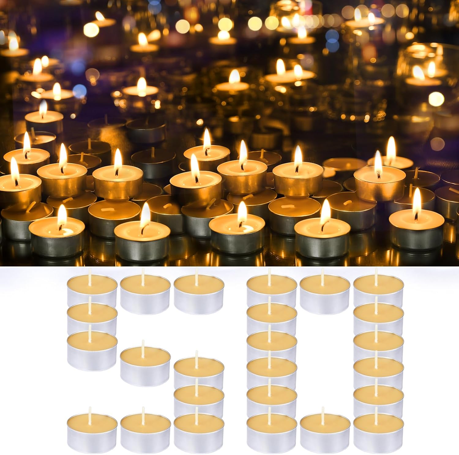 Natural Organic Beeswax Tea Candles in Metal Aluminum Cup - Small Candle Bulk Natural Scent Smokeless 4-5 Hours Long Burning - Yellow, Pack of 50