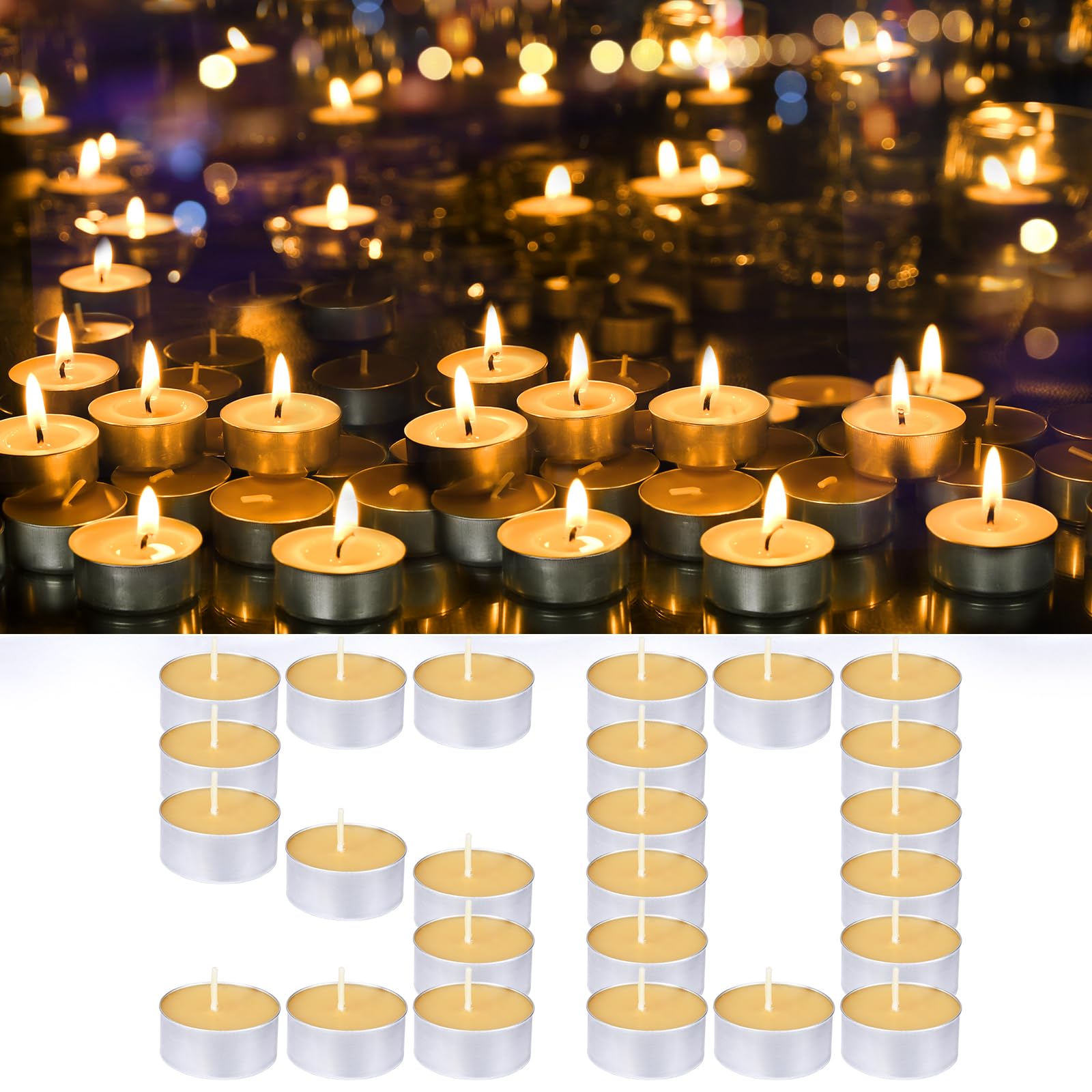 Lot de 50 bougies à thé en cire d'abeille naturelle bio dans une tasse en aluminium – Petite bougie en vrac Parfum naturel sans fumée 5 heures de combustion – Jaune
