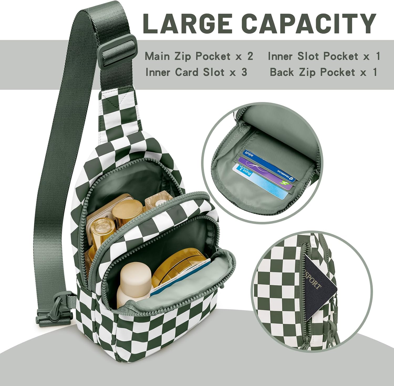 Checkered Crossbody Bag Small Crossbody Bags For Women Adjustable Waterproof Checkered Fanny Pack Chest Bag Purses for Travel (Green) - Image 5