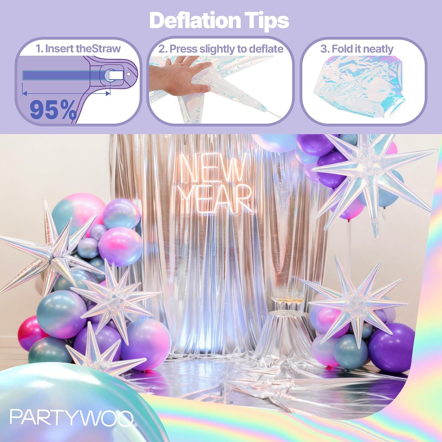 PartyWoo Iridescent Star Foil Balloons 6pcs Different Sizes Pack of 27 22 Inch Explosion Spike Mylar Balloons for Birthday Anniversary Engagement Wedding Bachelorette Baby Shower Party Decorations