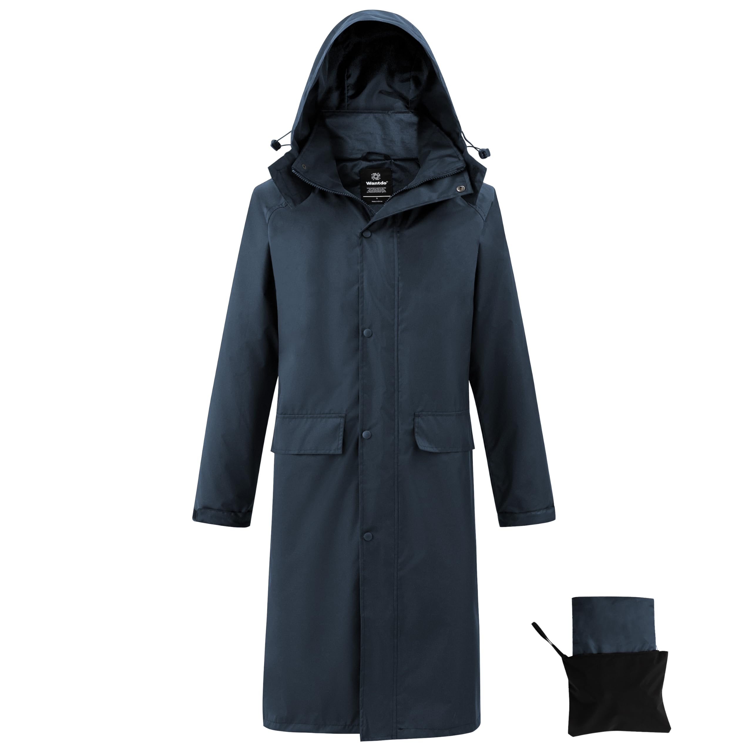 wantdo Mens Rain Jacket Waterproof with Hood Packable Long Rain Coat Lightweight Rainwear Raincoat