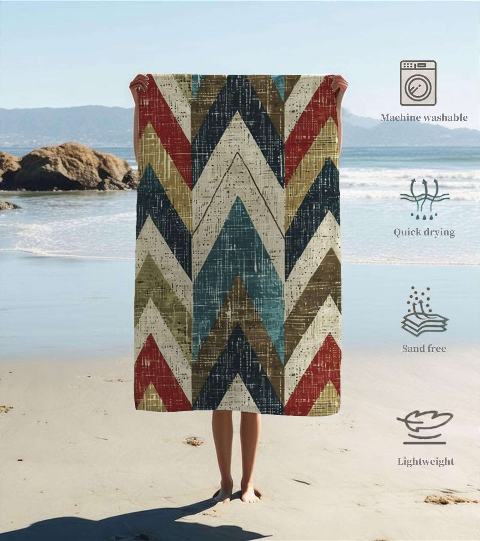 Ręcznik plażowy z mikrofibry 220 x 100 cm duży ręcznik kąpielowy w paski retro mata plażowa anty piasek, ręczniki sportowe, szybkoschnące, kompaktowe i lekkie, do sportu, podróży, sauny, basenu Y1-75