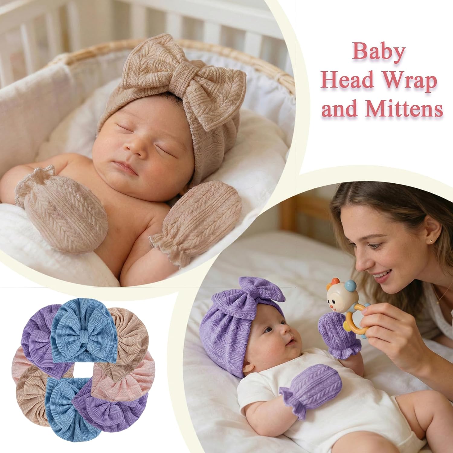 8 Sets Newborn Baby Hats & Mittens Cotton Preemie Infant Bow Beanies Caps Gloves Hospital New Born Boy Girl 0-3 Month - Image 4