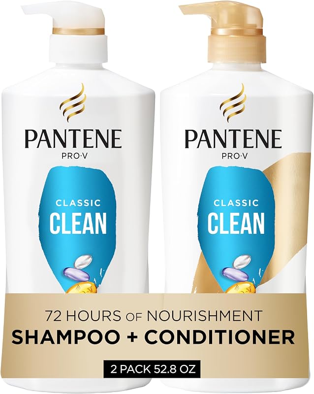 Juego de champú y acondicionador Pantene, Classic Clean - Nutrientes Pro-V para cabello seco, tratado con color, cabello de aspecto saludable en cada lavado, rico en antioxidantes, 52.8 oz en total + tiro de rescate milagroso (0.5 oz)