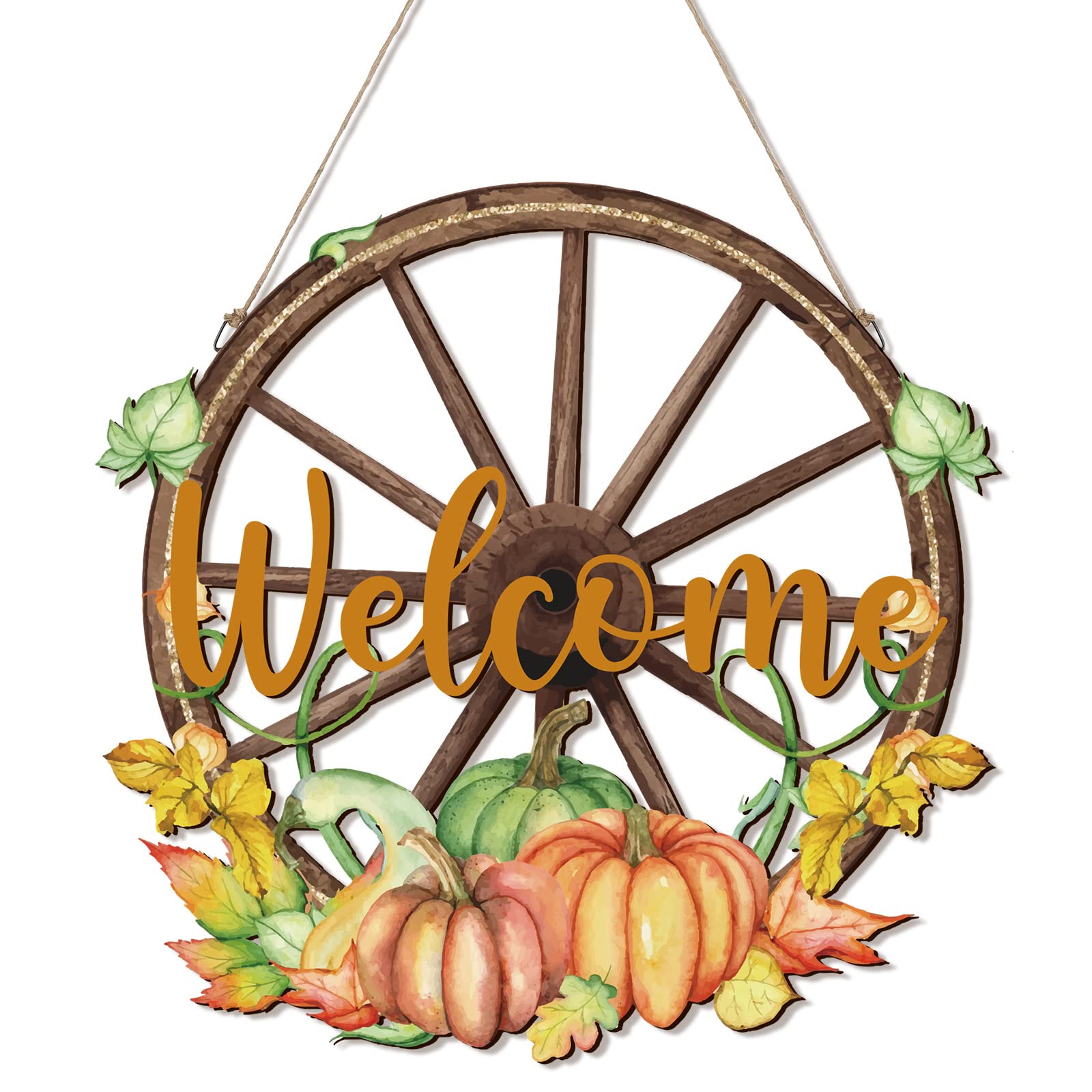 Fall Thanksgiving Watercolor Pumpkin Wooden Wagon Wheel Wall Decor Rustic Yard Decor Wood Hanging Wagon Wheel Sculpture with Welcome Sign for Thanksgiving Garden Home Bar Garage-picture-18