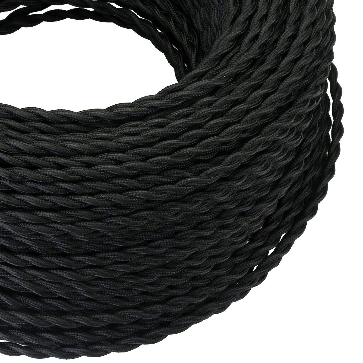 GreenSun Cavo in tessuto a 2 fili, nero, 2 x 0,75 mm², 20 m, cavo di alimentazione per lampada, cavo di alimentazione a 2 poli, rivestito in tessuto, fai da te
