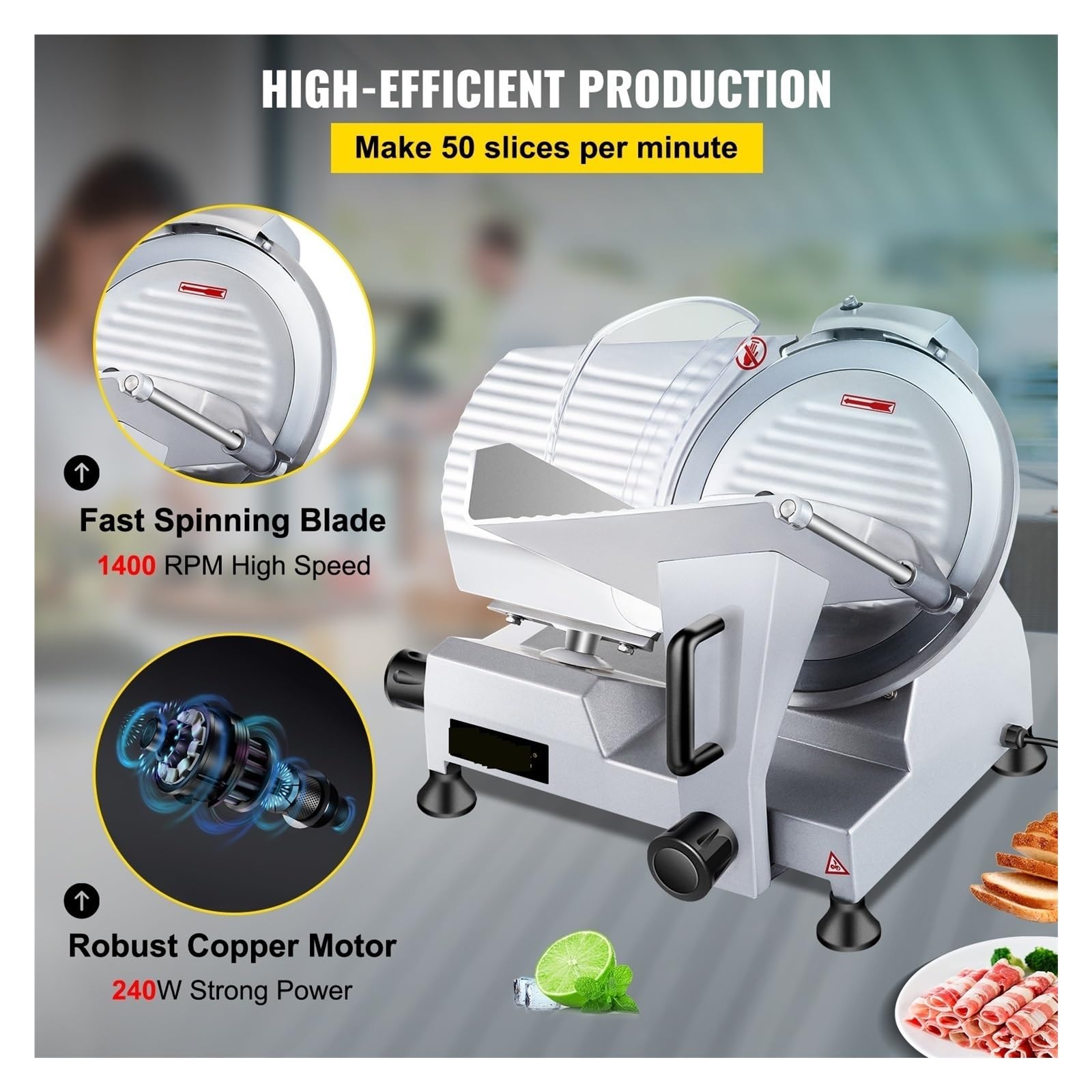 Cortadora de alimentos eléctrica con cuchilla 10 pulgadas, picadora y rebanadora carne for uso comercial, fiambres, queso, res, cordero pavo Para uso de bricolaje