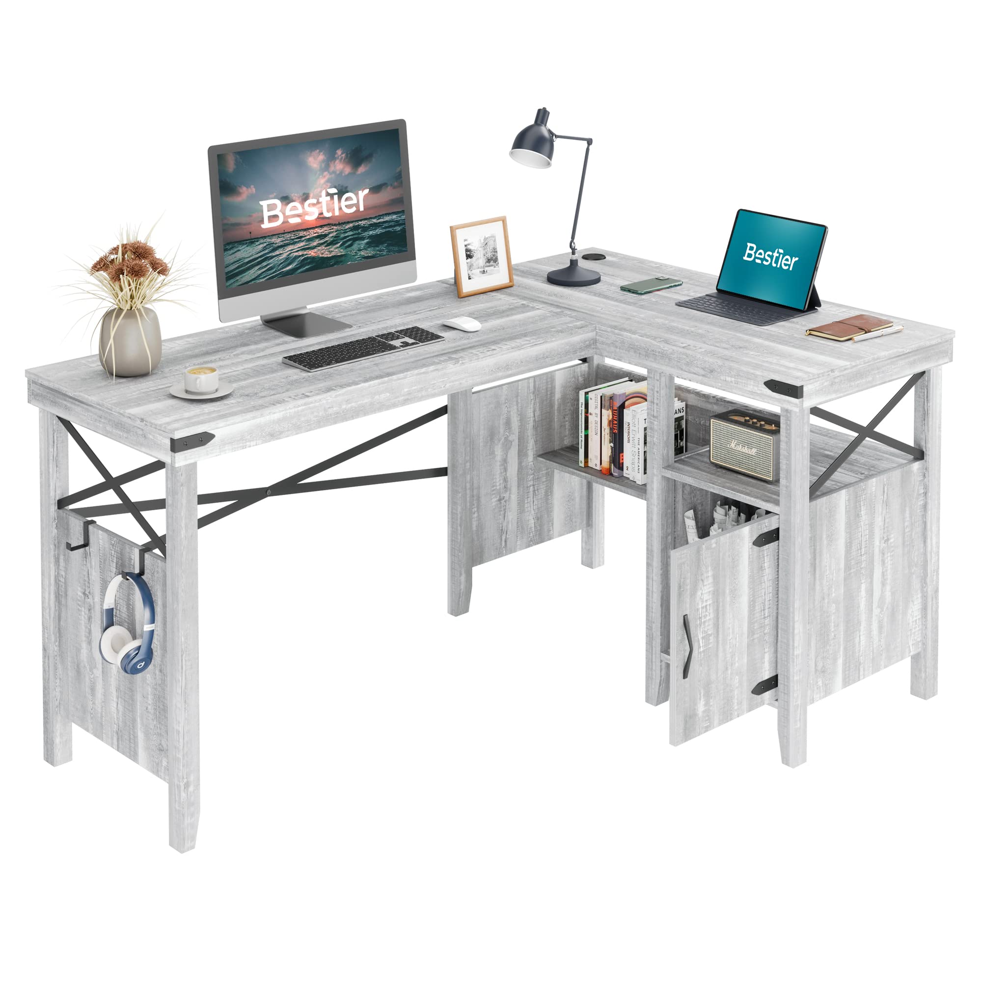 Buy Bestier Farmhouse L Shaped Computer Desk with Storage and Bookshelf, 60 Inch