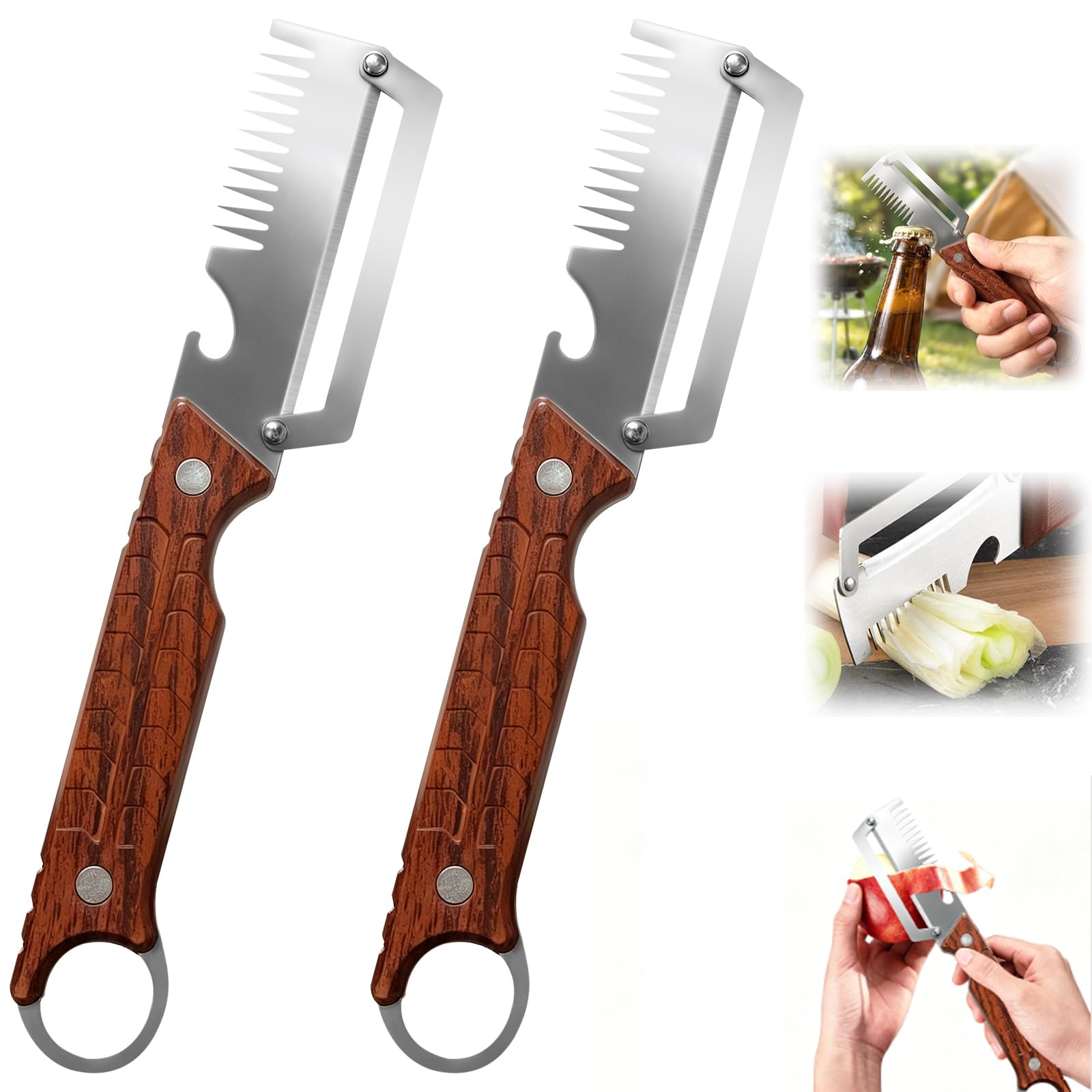 2026 New 3-in-1 Multifunctional Wooden Handle Peeler,Stainless Steel Julienne Slicer, Kitchen Fruit & Veg Peeler &Bottle Opener(2PCS)