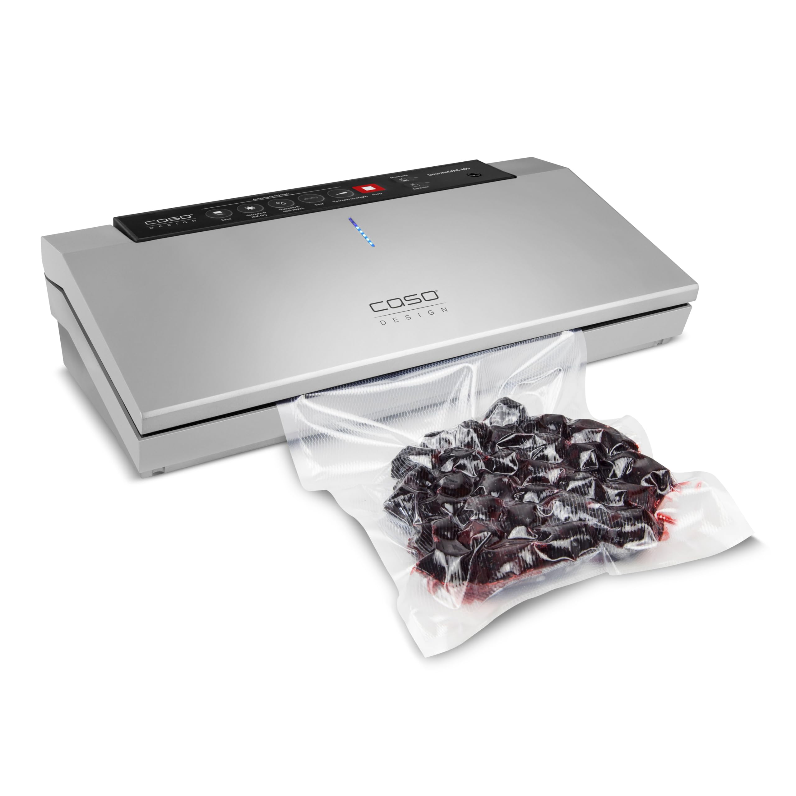 CASO GourmetVAC480 - Envasadora al vacío doméstica - Potente capacidad de vacío de 20 L/min - Integra caja de almacenamiento de film y cortadora plegable - Función de memoria - plateado | Verificación de prueba muy buena, doble soldadura, bomba de pistón