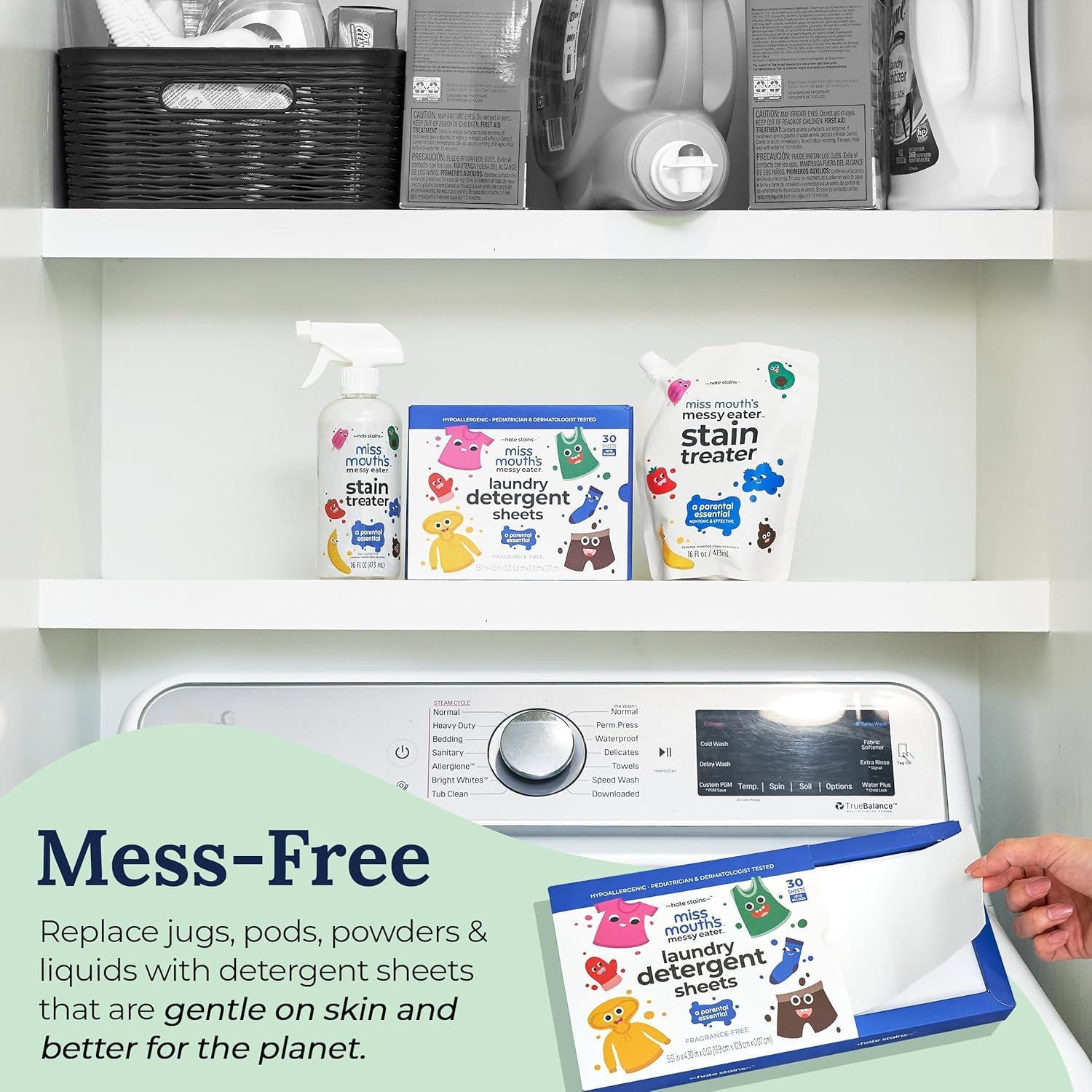 Miss Mouth's Messy Eater Laundry Detergent Sheets - 120 Loads Travel Friendly Detergent Sheets - Hypoallergenic, Sensitive Skin Safe, Pediatrician and Dermatologist Tested, Fragrance Free - Image 8
