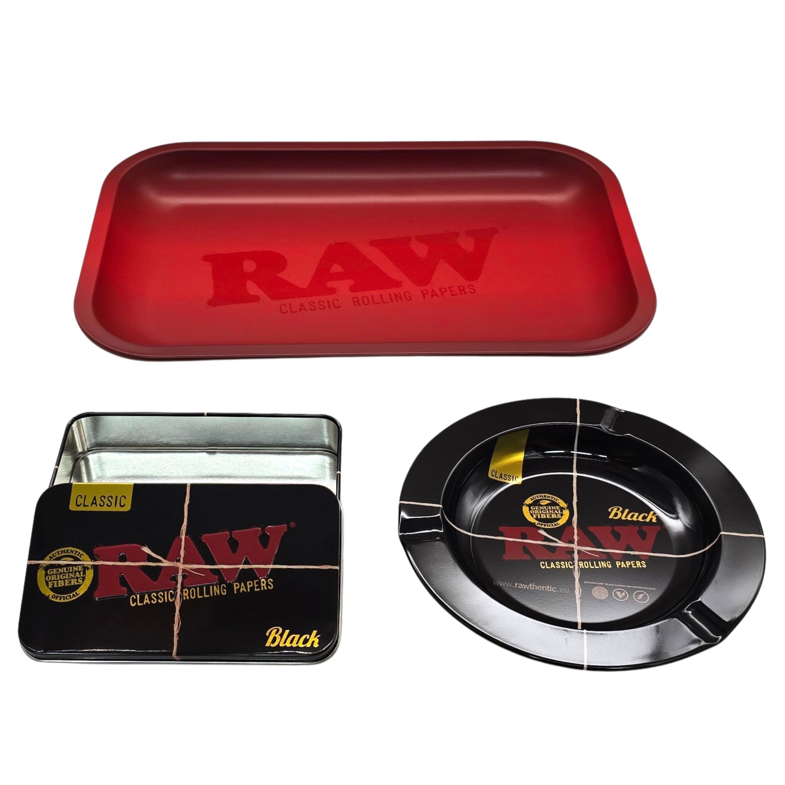 Zactly Red - Raw 3-In-1 Tray Kit – Limited Edition Rolling Tray, Emerald 20Th Anniversary Ashtray & Black Storage Tin – Premium Metal Set For Rolling Accessories, Storage & Collectors (Red)