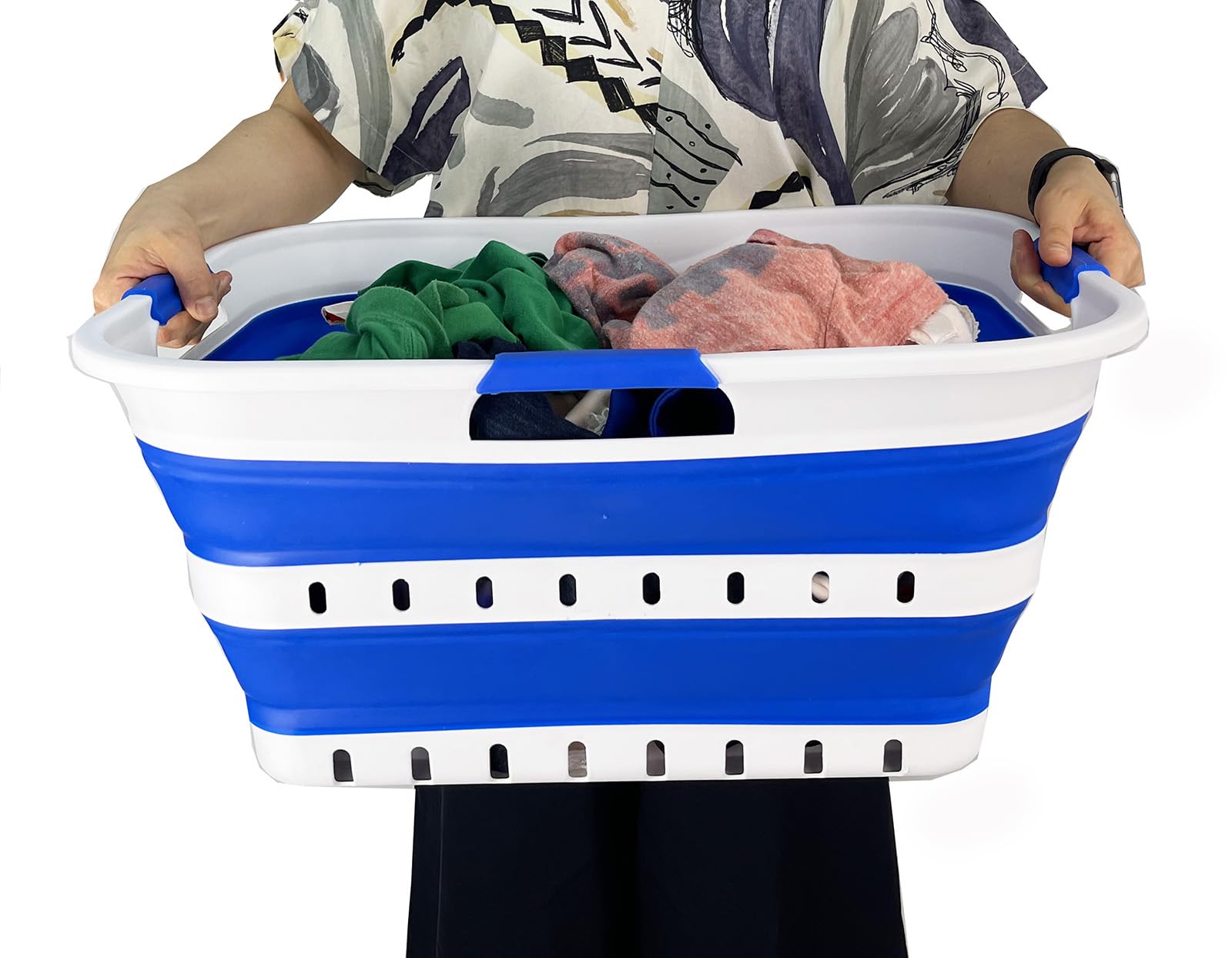 SAMMART Panier à linge pliable en plastique de 42 l - Panier de rangement pliable - Panier à linge portable - Peu encombrant (1, blanc/bleu foncé)