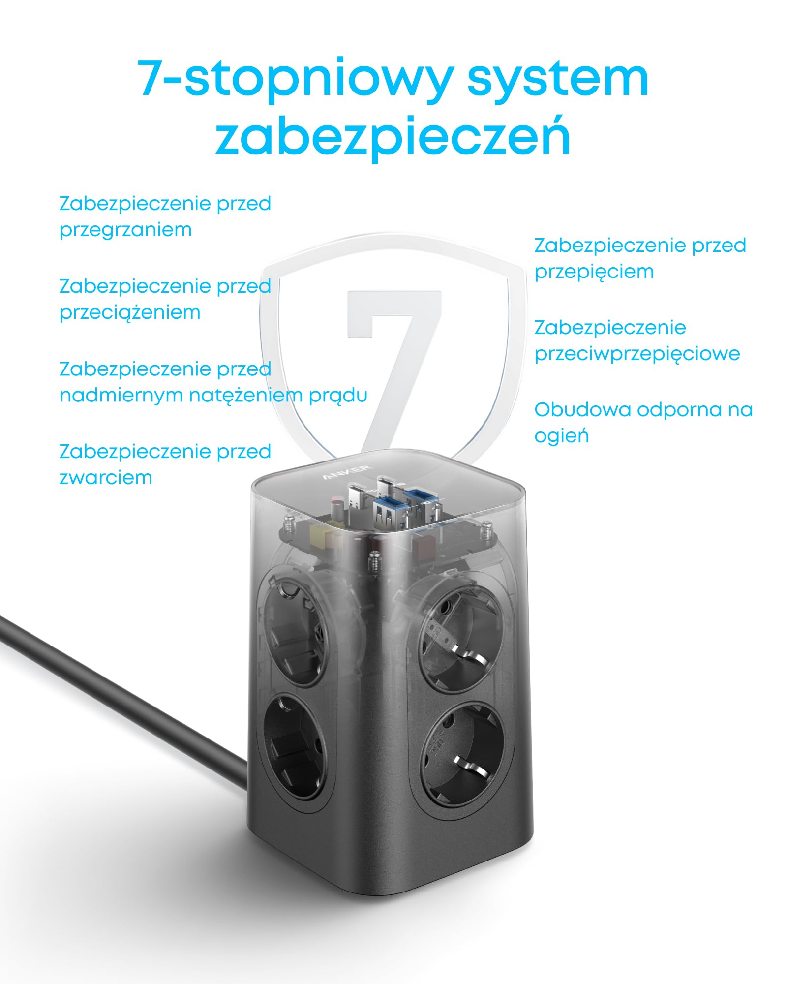 Anker listwa zasilająca 8 gniazd + 4 USB, 20W USB-C szybkie ładowanie, ochrona przepięciowa, wyłącznik, 2 m kabel, do biura, domu, gamingu | Do iPhone 13/13 Pro/12/12 Pro Max/11 Pro/X/XS/XR/8 Plus, do ładowarek typu C