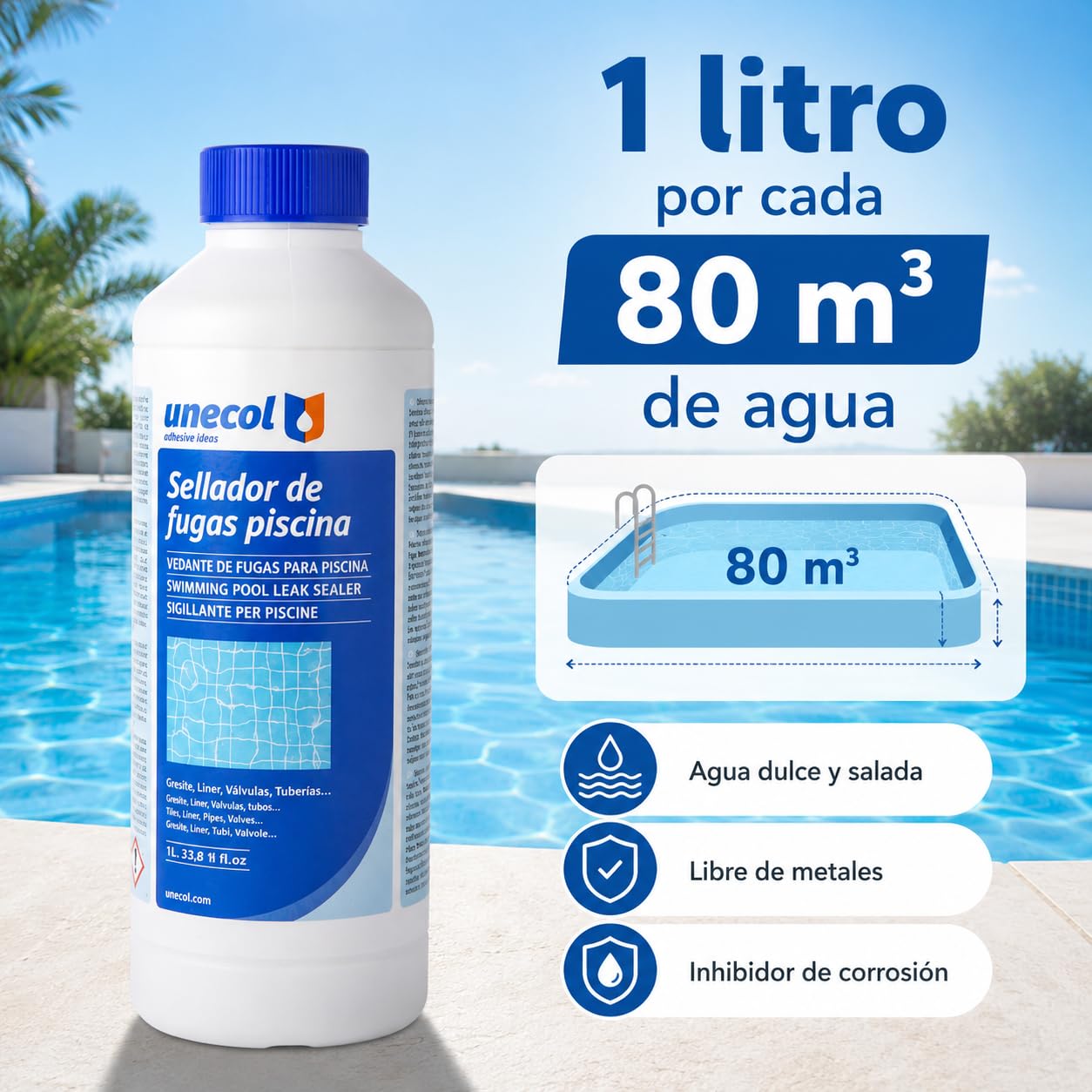 Unecol - Sigillante per perdite Piscina Unecol 1L - Ripara crepe e filtrazioni senza vuoto, adatto per Gresite, Liner, PVC, Calcestruzzo - Acqua dolce o salata