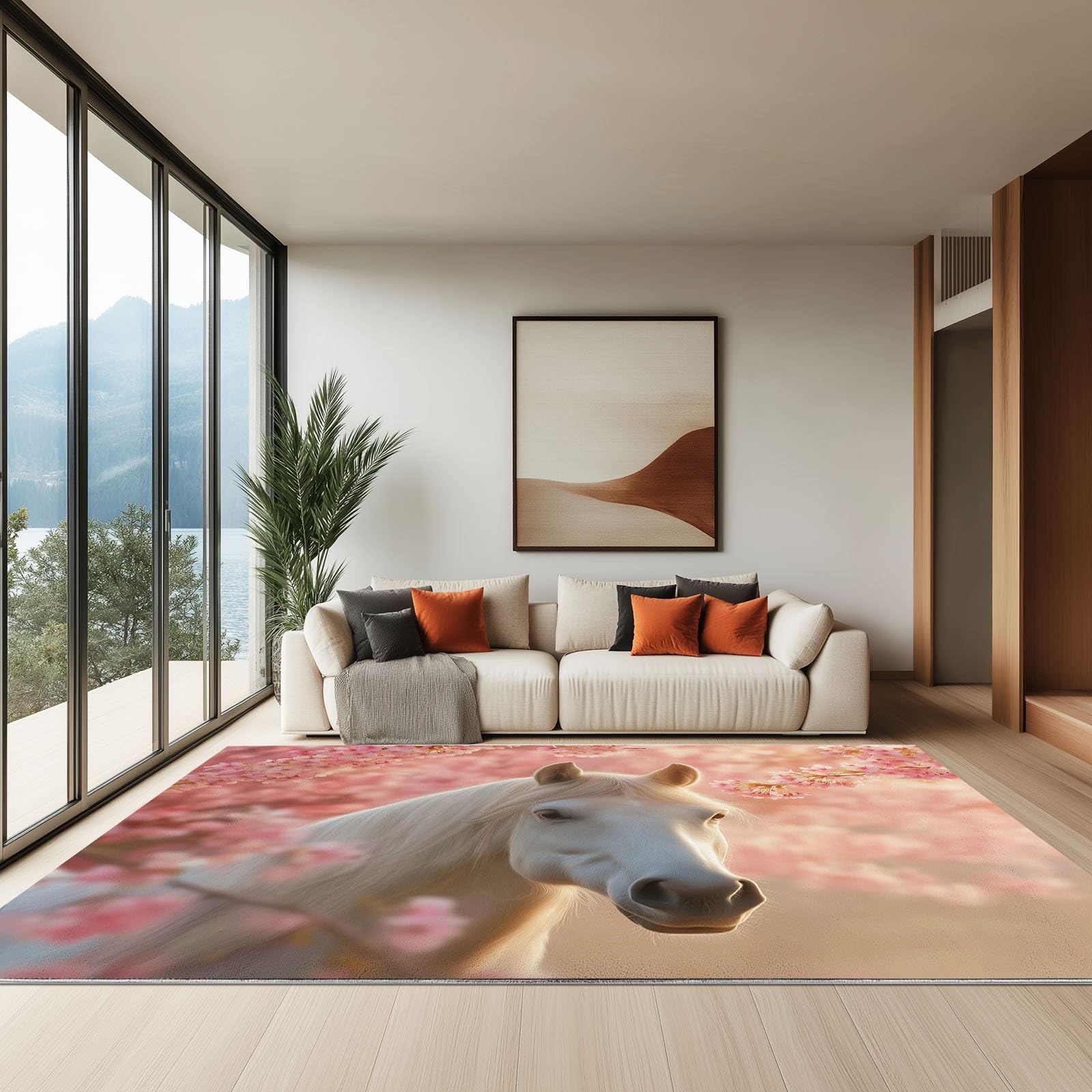 Générique Tapis Salon Cheval Blanc Animal Fleurs De Cerisier 80x150 cm Tapis Chambre Moderne Tapis de Salon Tapis Antidérapant Poils Ras, Lavable en Machine, Tapis pour Interieur et Exterieur