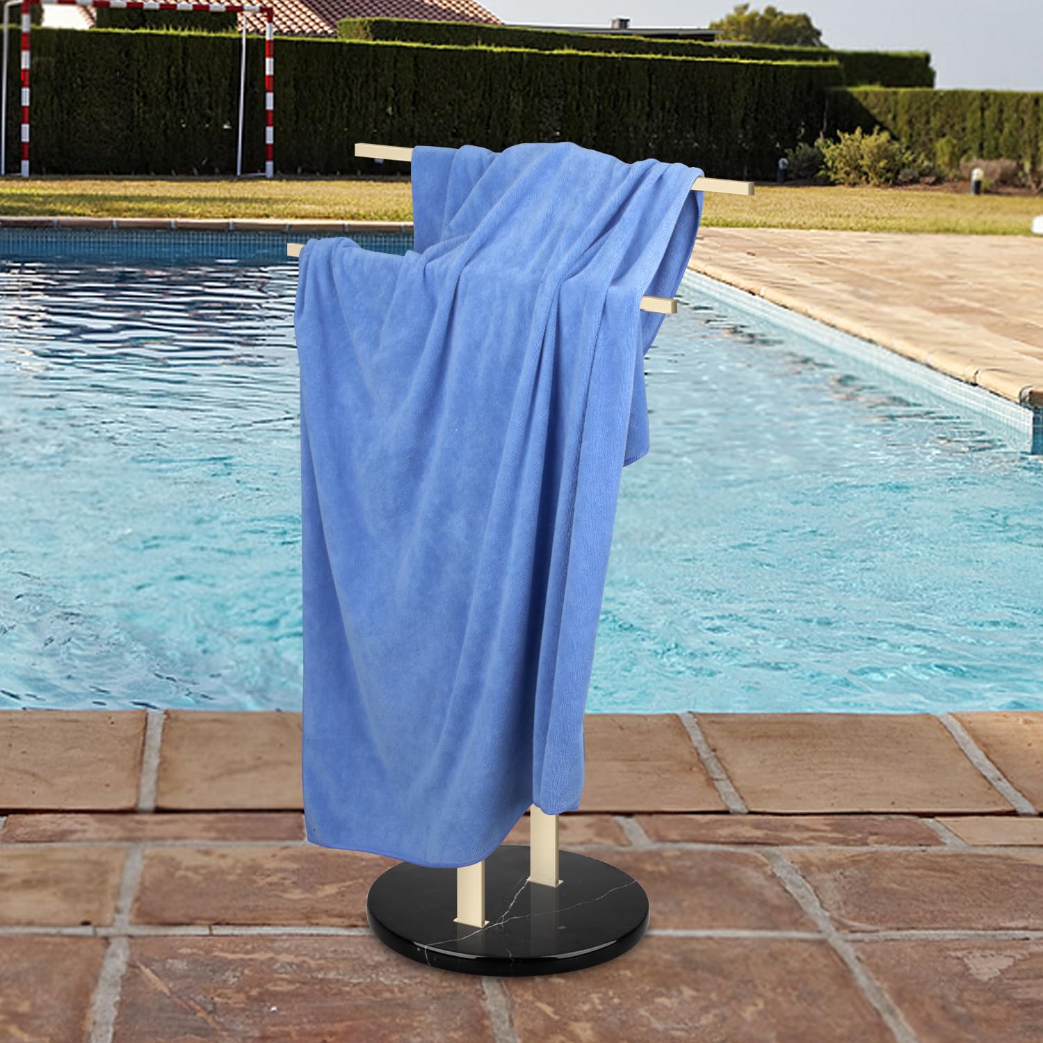 Porte Serviette Salle de Bain Support Serviette sur Pied 2 Barres avec Base Blanche Marbre Porte-Serviettes pour Plancher Sol Acier Inoxydable SUS304 en Forme de T (Or, Socle en Marbre Noir)