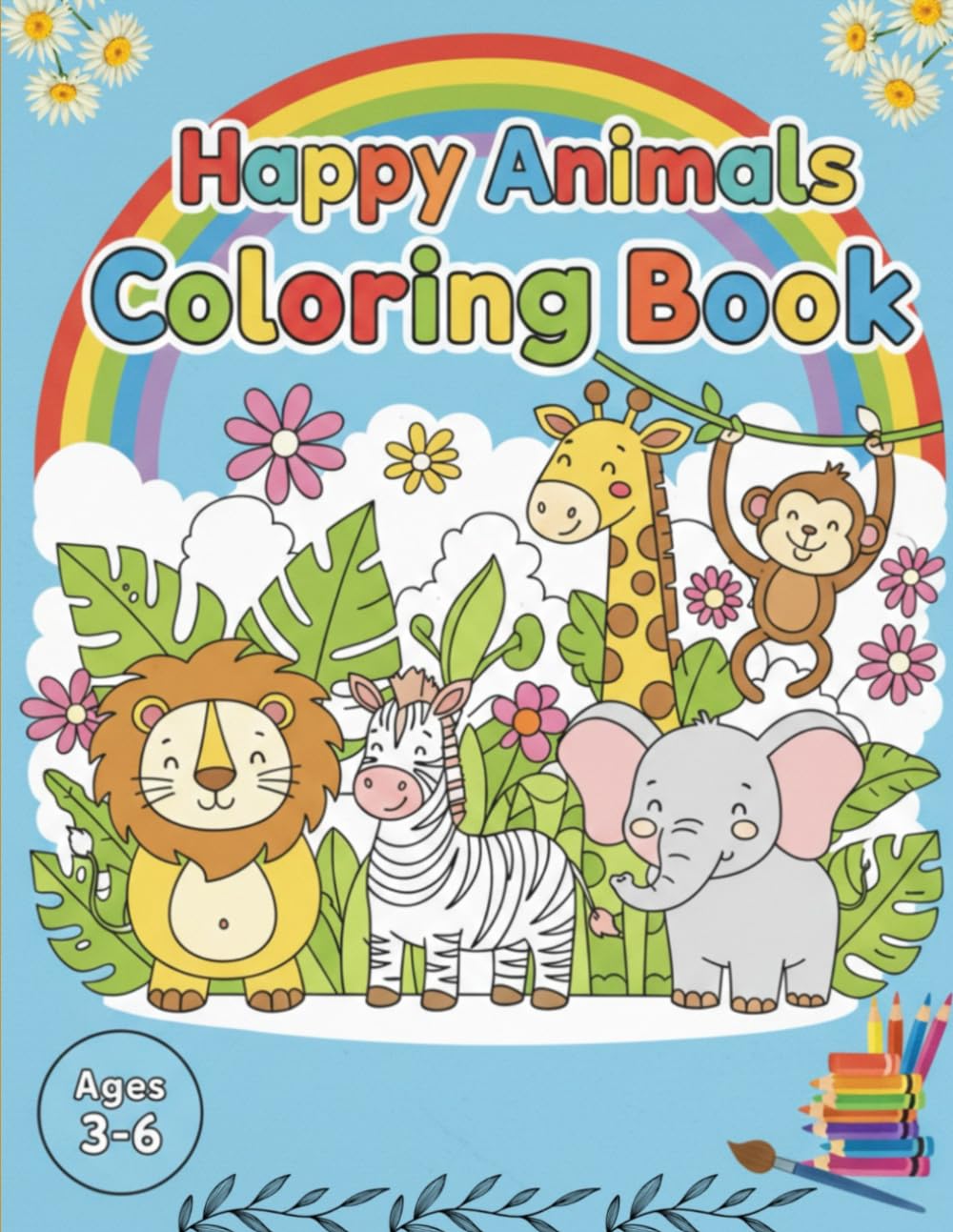 Happy Animals Coloring Book: Fun and Easy Animal Illustrations for Toddlers and Kids Ages 3–6 | Cute Zoo, Farm & Jungle Animals for Preschool Learning