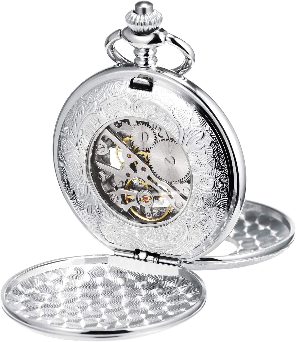 TREEWETO Antique Mens Pocket Watch Skeleton Mechanical Silver Double Case Roman Numerals Gift for Man