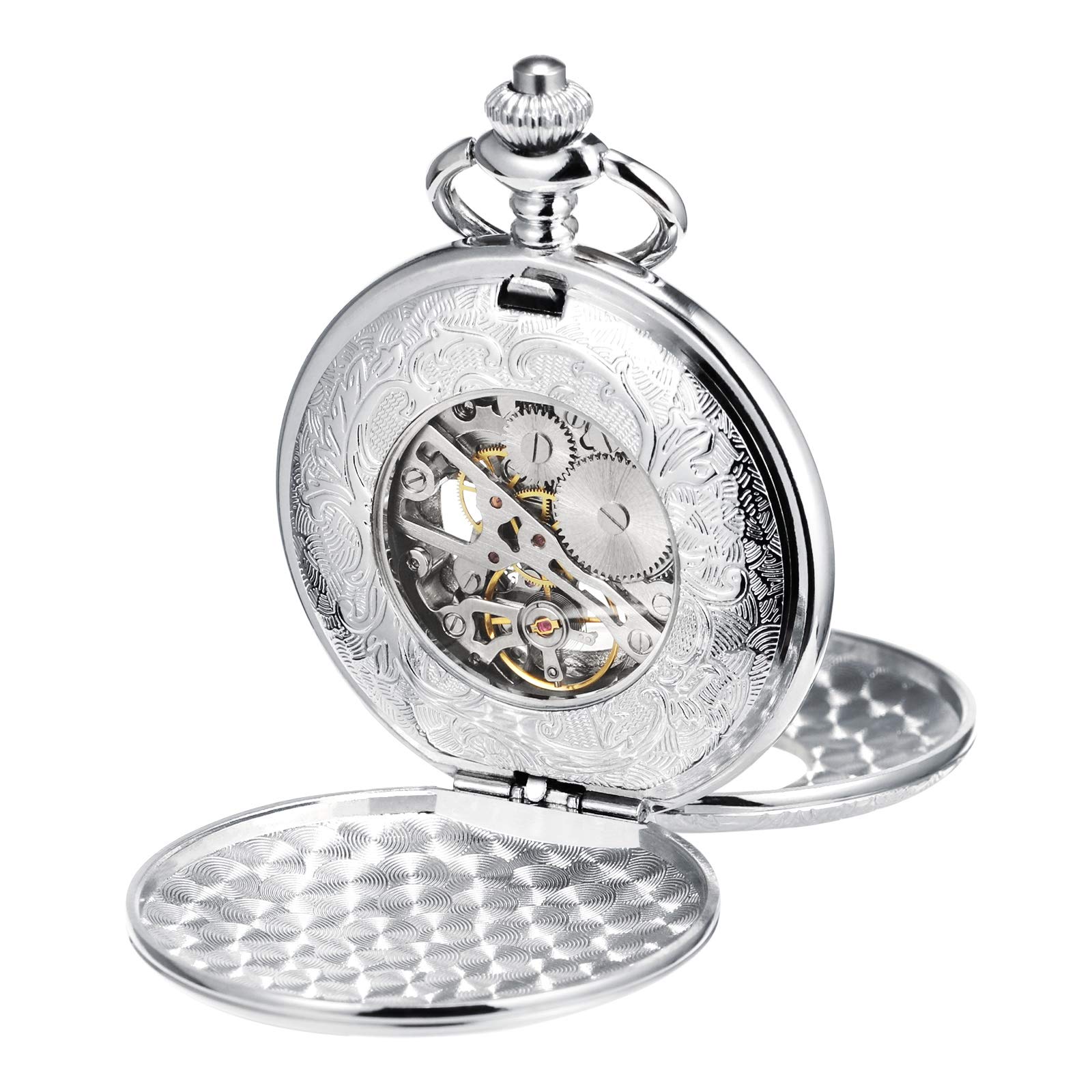 TREEWETO Montre a Gousset pour Homme avec Chaîne Montre de Poche Unisexe mécanique à Double Couverture Squelette Steampunk