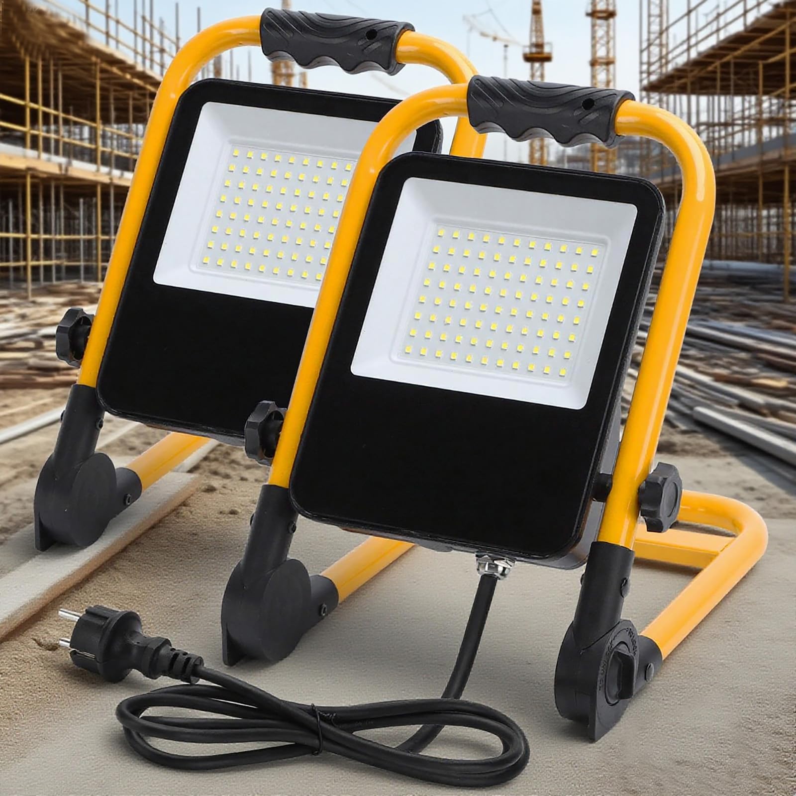 Aigostar Faro da Cantiere 50W, IP65 Impermeabile, Faretto Led da Cantiere con Spina, 6500K Bianco Brillante per Esterno, Lavori, Giardini e Garage, Rotazione 360°, portatile 2 pcs