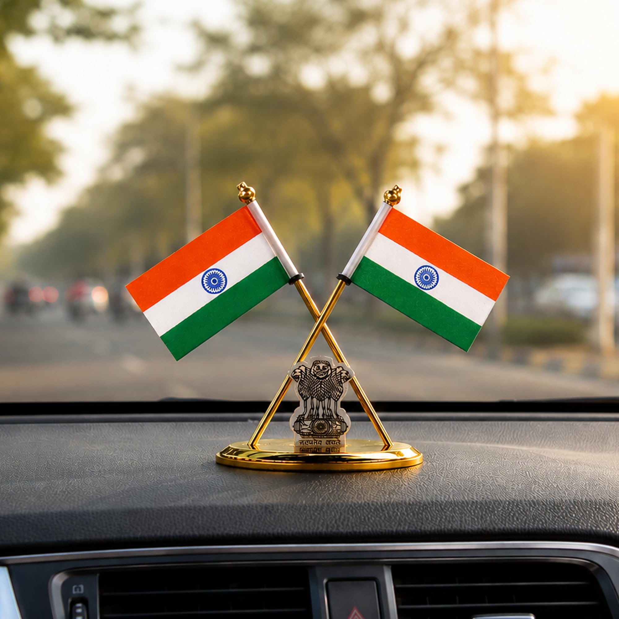 Brass Indian Tricolour Flag Desk Decor with Decorative Double Flag Brass Stand Golden Finish Table Display for Office Desk Reception Home Car Dashboard Gift-image-1