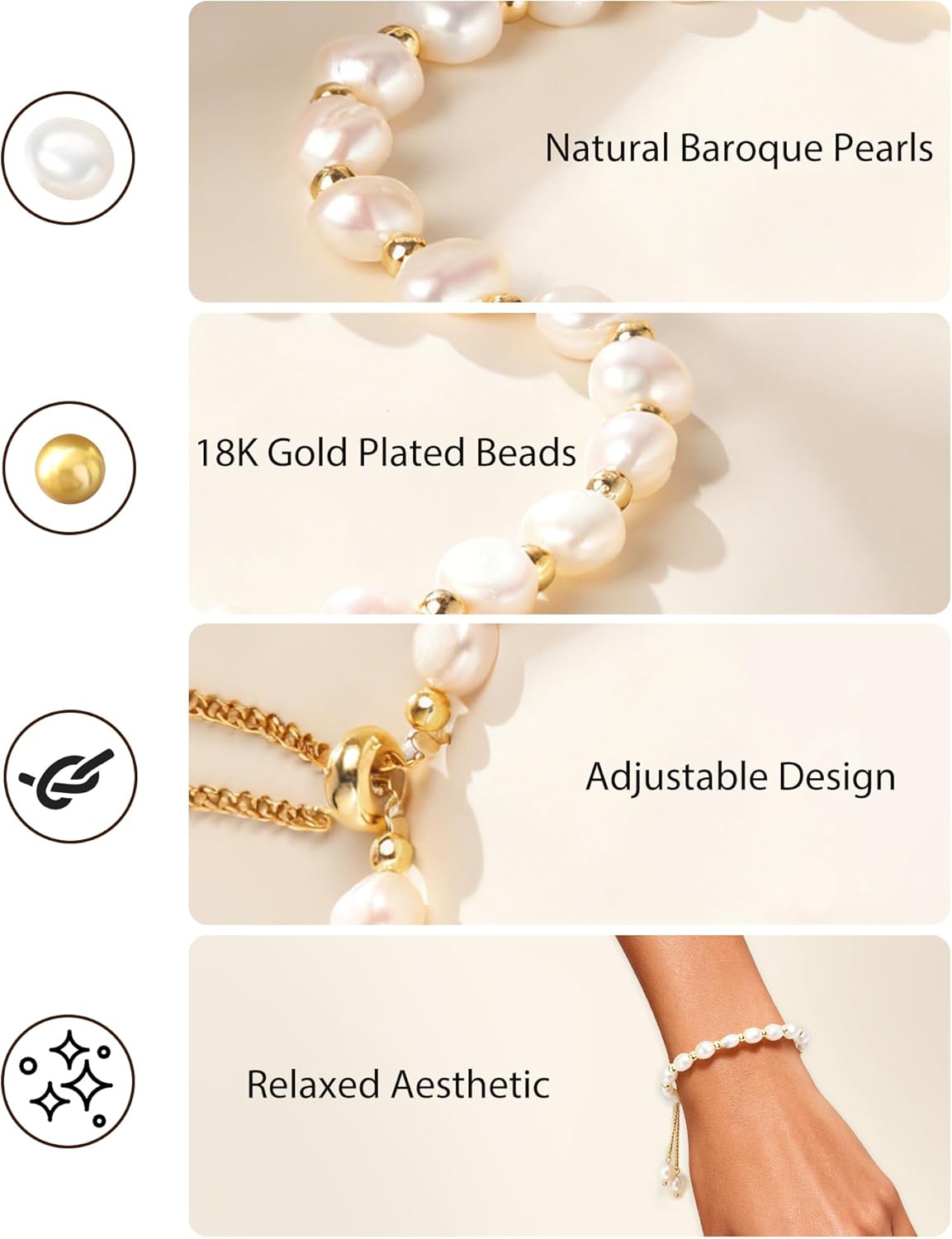 18K Gold Plated Pearl Bracelet Baroque Culture Gold Charm Bracelets for Women Adjustable Fashion Charm Dainty Handmade Jewelry Gifts for Friends, Wives, or Mothers - Image 5