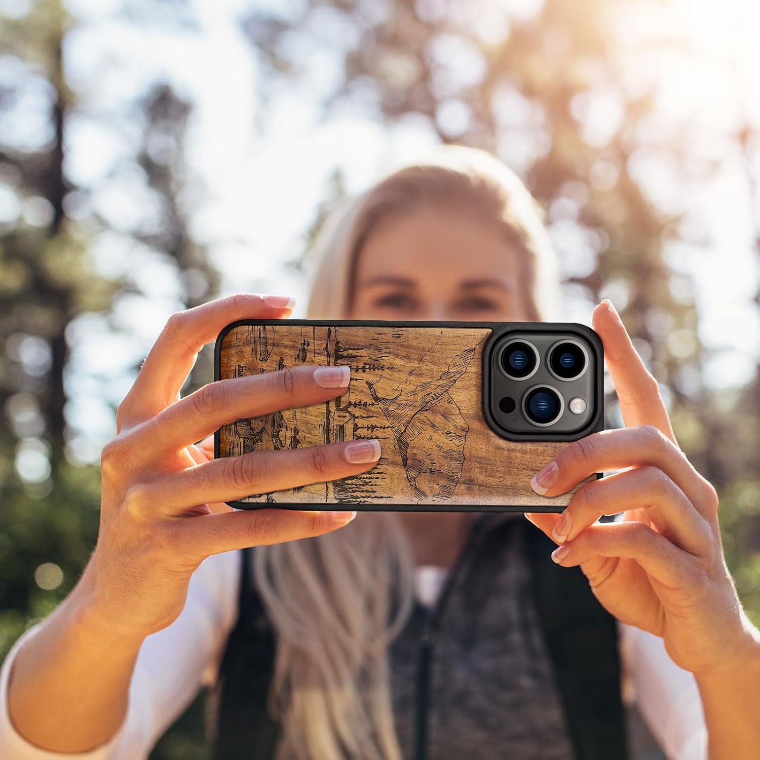 Carveit Magnetic Wood Case for iPhone 14 Pro Case [Natural Wood & Black Soft TPU] Unique & Classy Wooden Shockproof Protective Cover Compatible with magsafe (Lakes and Mountains -Walnut)