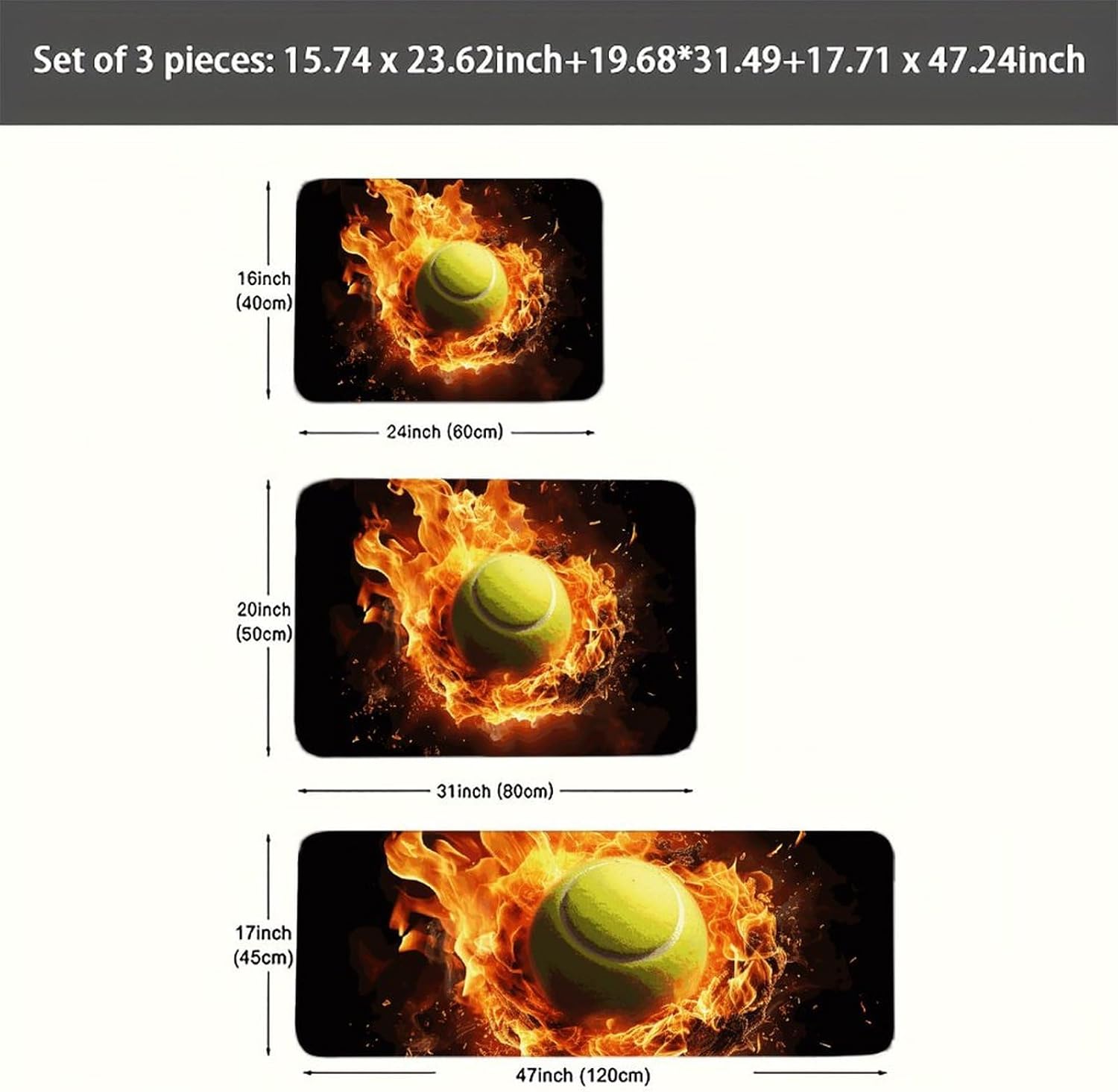 Tennis on Fire Kitchen Mats for Floor 3 Pcs Kitchen Rugs