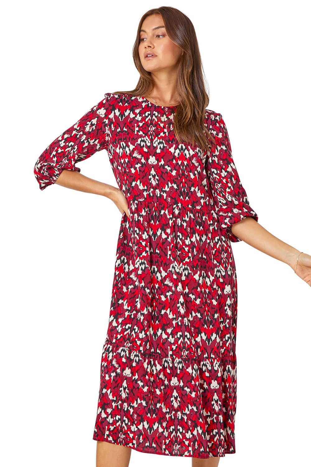 Roman Women's Red Abstract Print Tie Smock Midi Dress Size 10