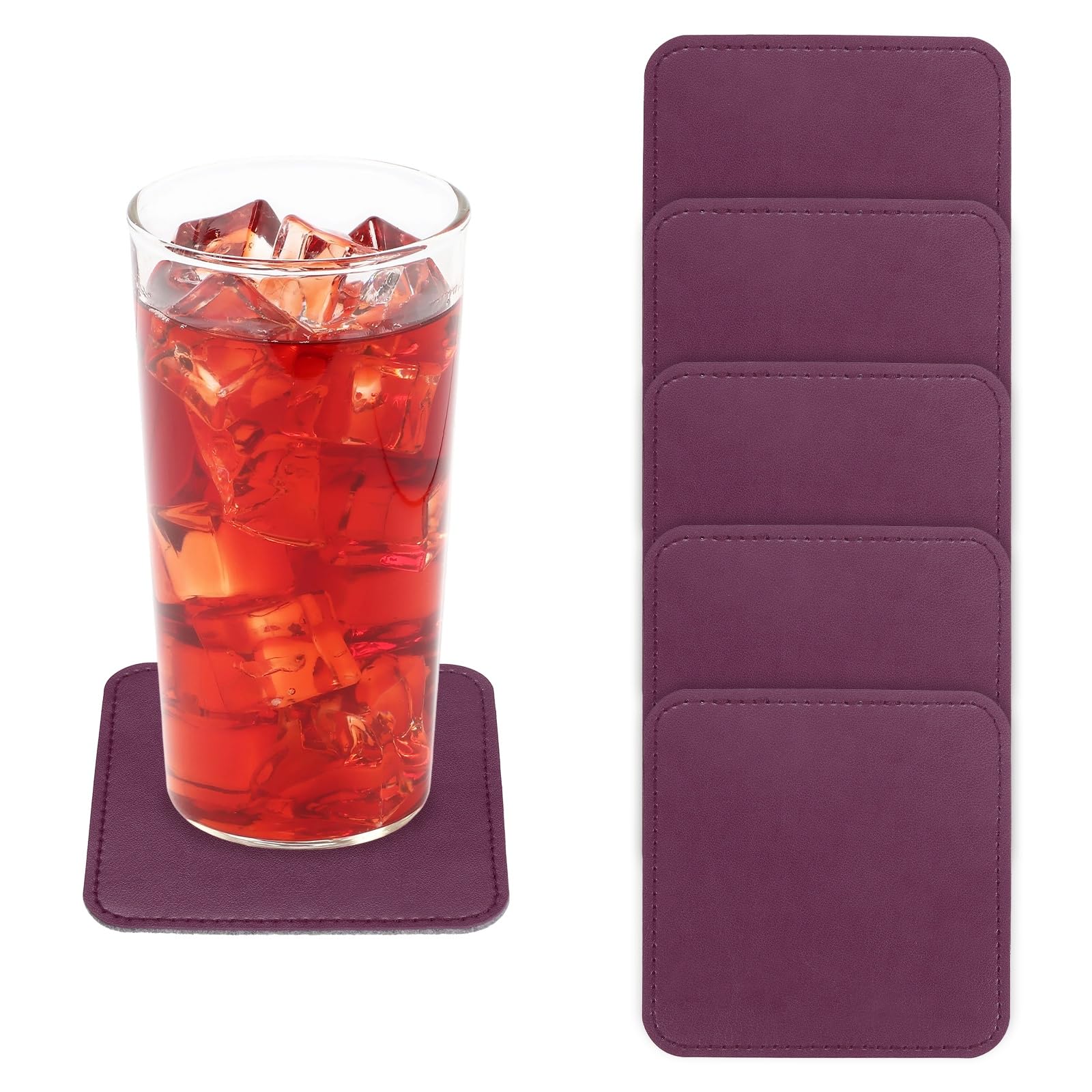 sourcing map 5Pcs PU Leather Coasters, 4x4" Square Drink Coasters Heat Resistant Water Absorbent Non Slip Cup Mat for Home Office Kitchen Bar Coffee Table Housewarming Gifts Decor, Wine Red