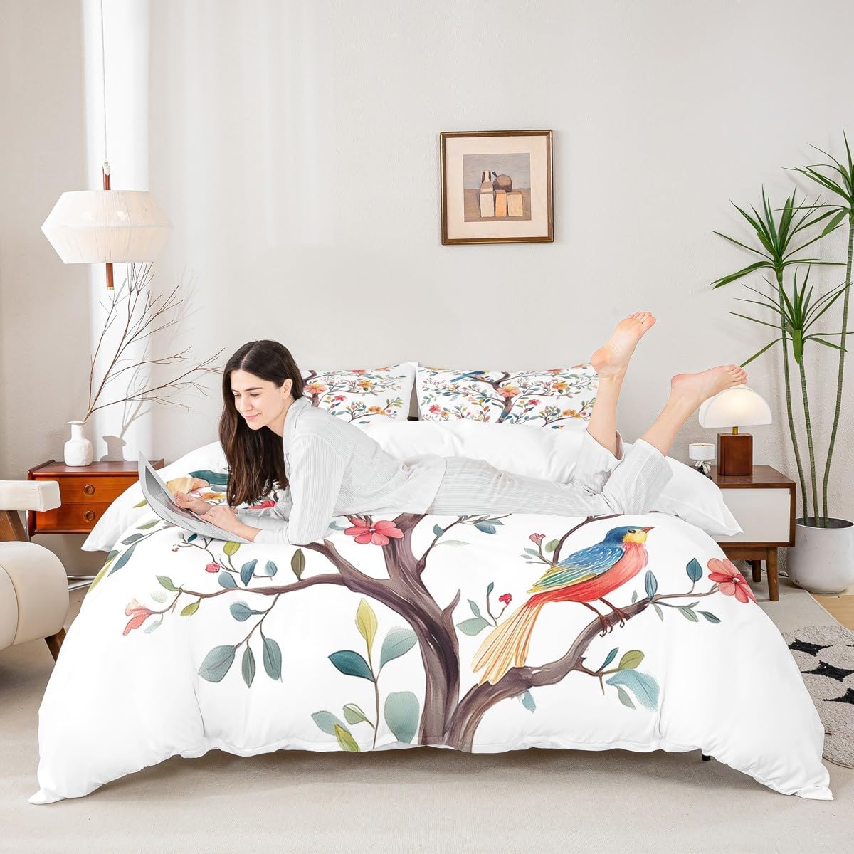 Erosebridal Branches Duvet Cover Colorful Birds Bedding Set Blue Red Vintage Flowers Petals Quilt Cover Plant Warm Romantic Girly Style Print Comforter Cover for Girl Women, 3 Pcs King Size