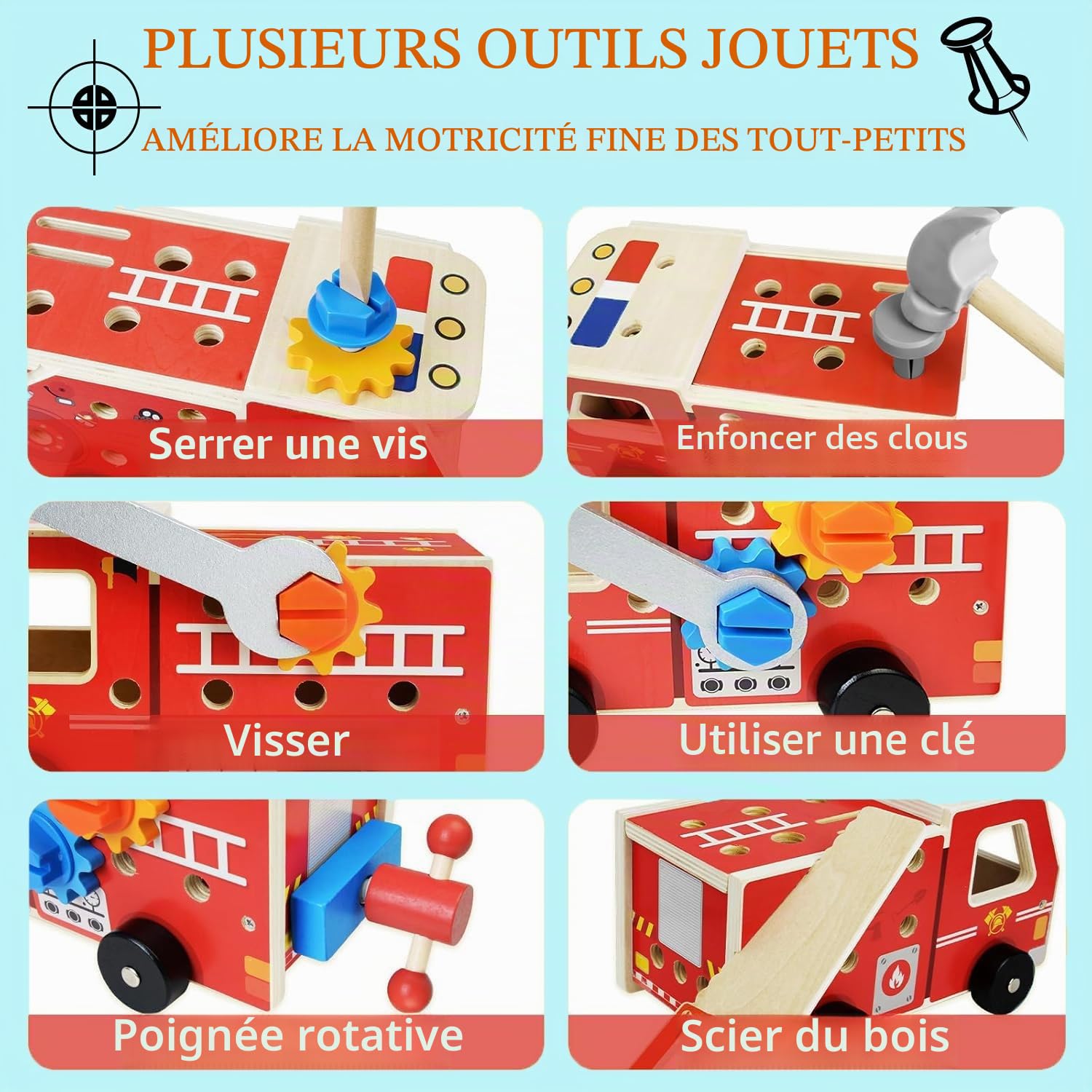 Jeu d'Outils en Bois pour Enfants, Camion de Pompier 4 en 1 Transformable en Établi avec Boîte à Outils, Jouets Montessori d'Imitation et de Bricolage, Cadeau Éducatif pour Garçons et Filles de 3+ Ans