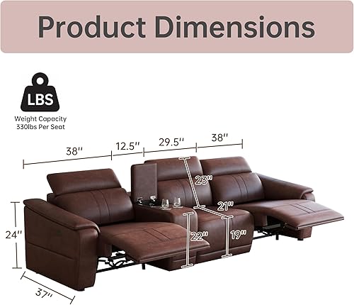 Miniatura 2 de Juego de sofá reclinable eléctrico, sofá seccional reclinable de 3 plazas con reposacabezas ajustable y reclinación eléctrica, cuero transpirable
