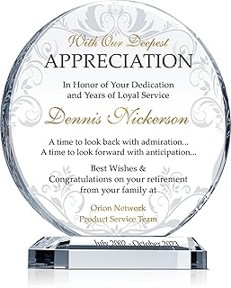 Personalized Crystal Employee Retirement Appreciation Gift Plaque, Customized with Retiree's name and Retirement date, Unique retirement gift for Manager, Staff, Coworker,Colleague and Friend(M-6.5")