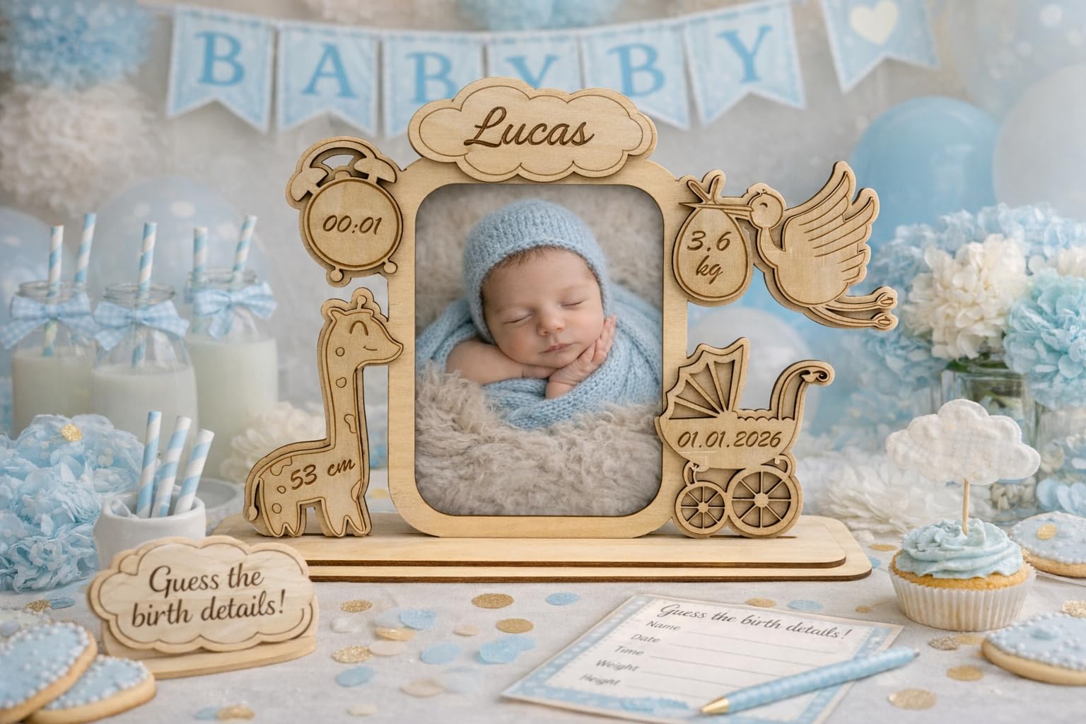 Personalisierter Baby Bilderrahmen aus Holz – Neugeborenen Erinnerungsrahmen mit Name, Geburtsdatum, Uhrzeit, Gewicht & Größe – 10×15 cm Foto – Geschenk zur Geburt