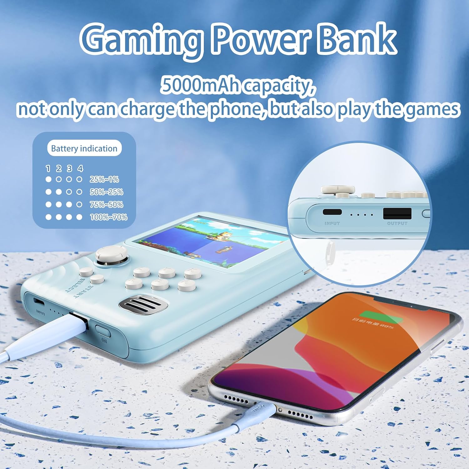 NEOCADE Gaming Power Bank connected to a smartphone via USB-C cable, showing the battery indicator lights on the power bank.