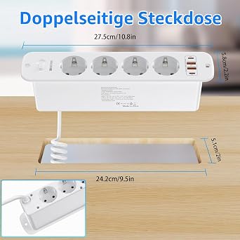Versenkbare Steckdose 8-Fach mit Schalter USB C PD 20W 2m Weiß