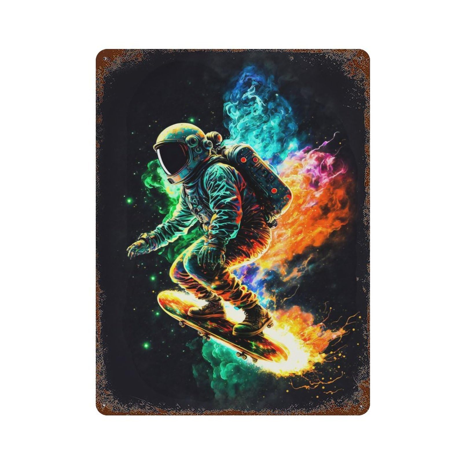 Garage Style Astro on Fire 2 Aged Metal Wall Plaque 15.7"x11.8", Farmhouse Wall Decor for Bar And Workshop