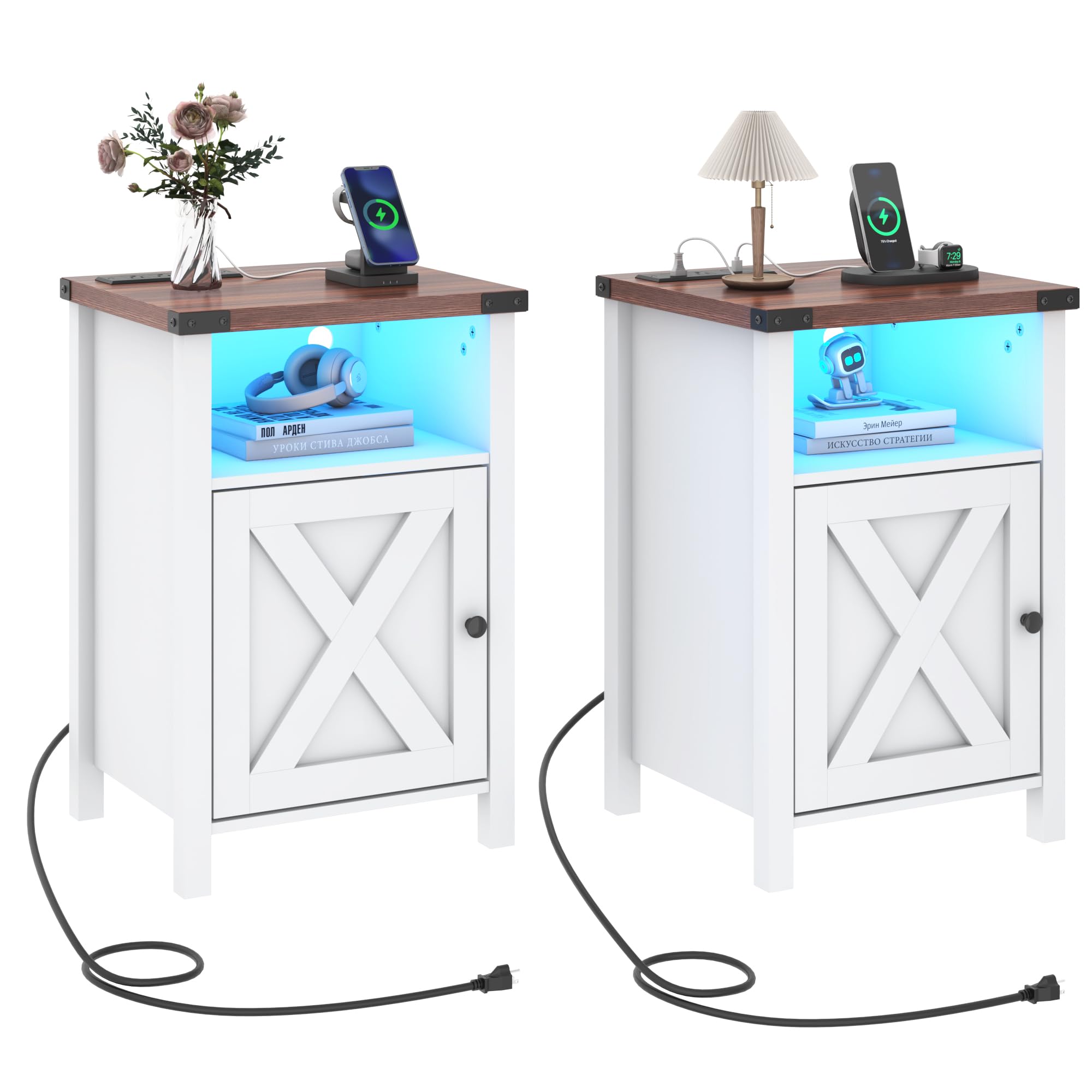 Hlivelood Farmhouse Nightstand Set of 2, LED End Tables Living Room Set of 2 with Charging Station, Barn Door & Storage Shelf, Rustic Bedside Table
