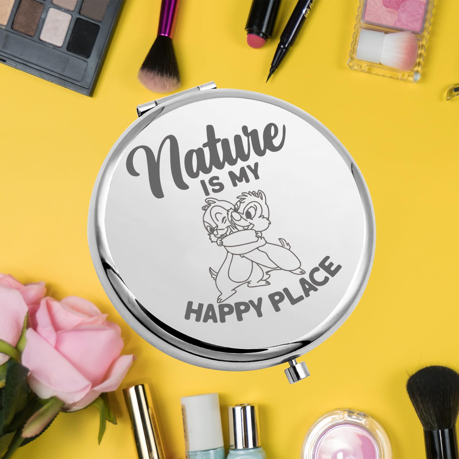 WUSUANED Chip & Dale Make-up Spiegel – Edelstahl Mit Spruch, 6,5 Cm, 2-seitig (klar/vergrößernd)