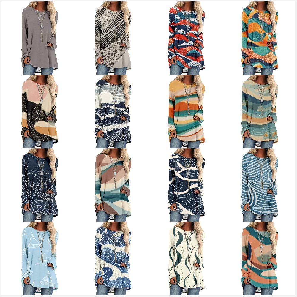 Long Sleeve Oversized Shirts for Women Polka Dot Long Tee Crew Neck Casual Loose Fit Clothes - Image 2