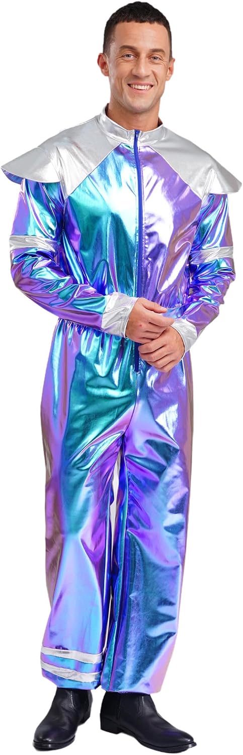 Hedmy Men's Shiny Metallic Robot Astronaut Costume Long Sleeves Jumpsuit Leotard Space Alien Bodysuit