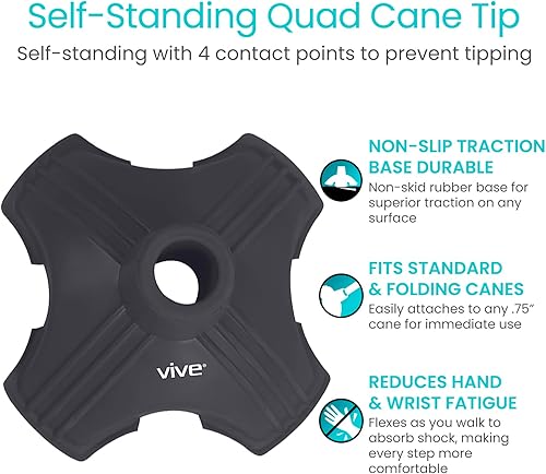 Miniatura 2 de Vive Punta de bastón: repuesto de base cuádruple autoportante para la mayoría de bastones para caminar, bastones plegables, cañas plegables o Negro