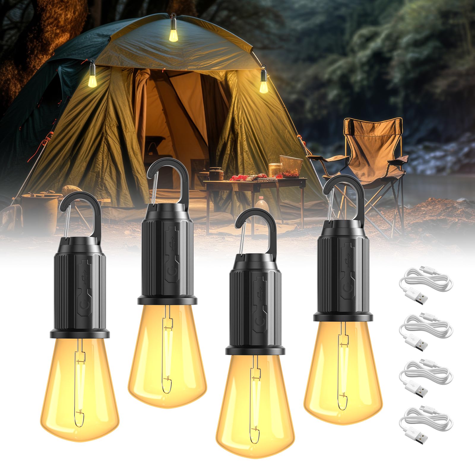 Brightwish Warmwhite 4 Pack Rechargeable Camping Lights, Waterproof Lantern With 3 Lighting Modes, Battery Operated Tent Light For Camping & Emergency