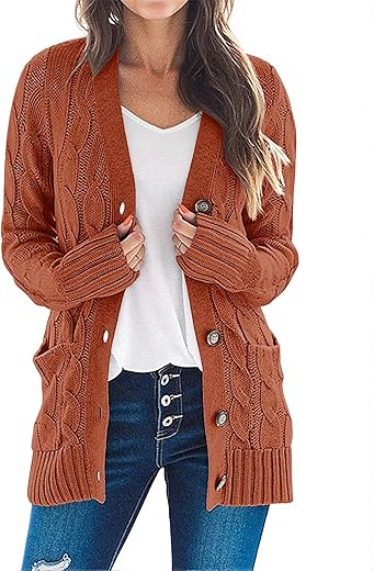 MEROKEETY Women's 2023 Fall Long Sleeve Cable Knit Sweater Open Front Cardigan Button Loose Outerwear Rust
