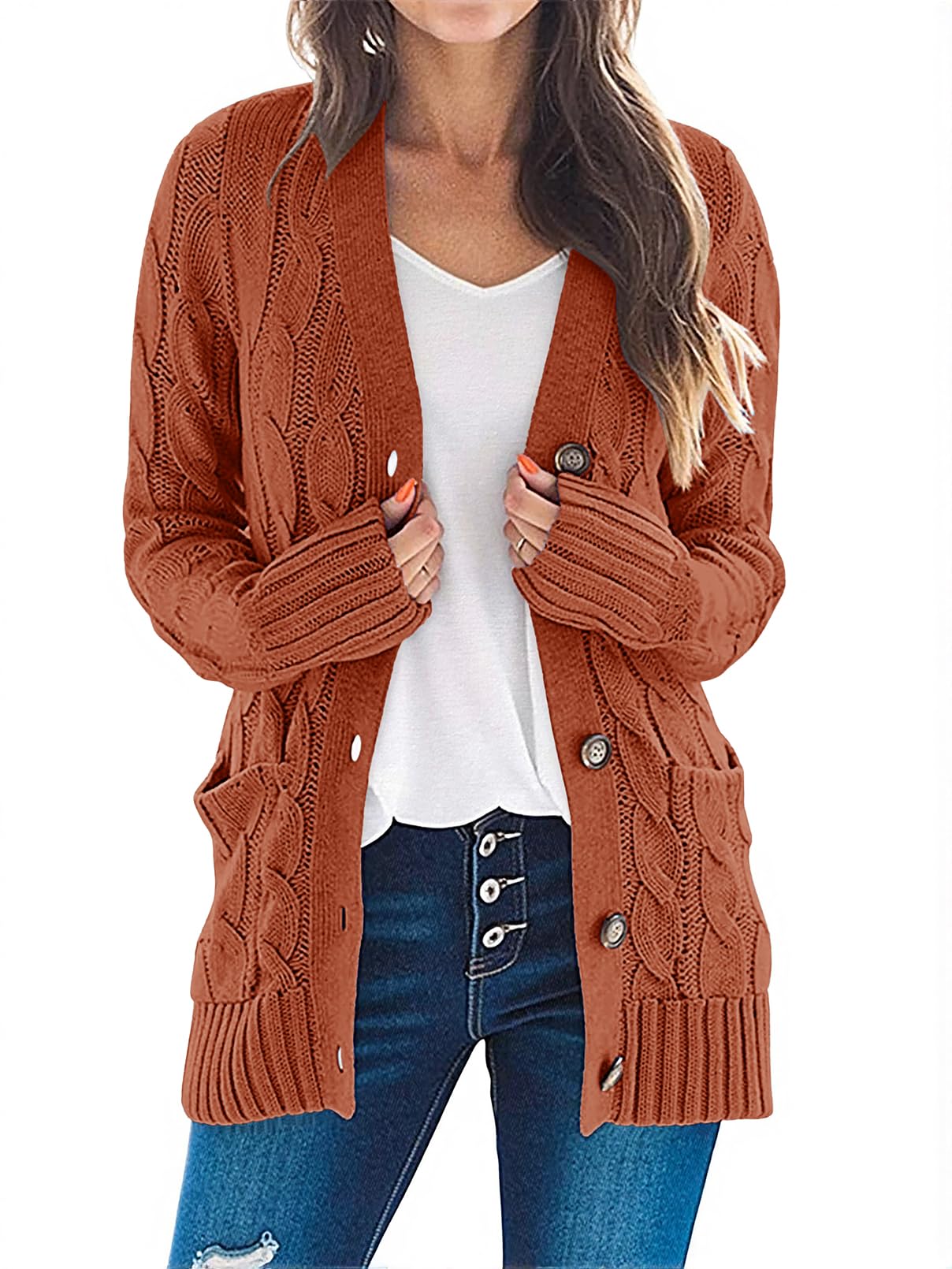 Women's 2025 Fall Long Sleeve Cable Knit Sweater Open Front Cardigan Button Loose Outerwear