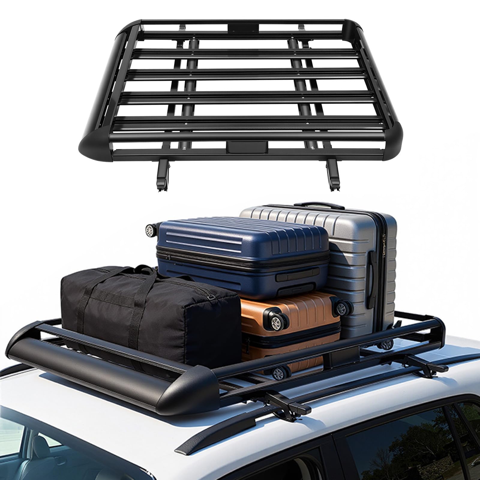 Cesta de techo universal para coche, portaequipajes de aluminio hasta 68 kg, construcción de dos niveles, portaequipajes sobre barras longitudinales, cesta portaequipajes para SUV, 127 x 97